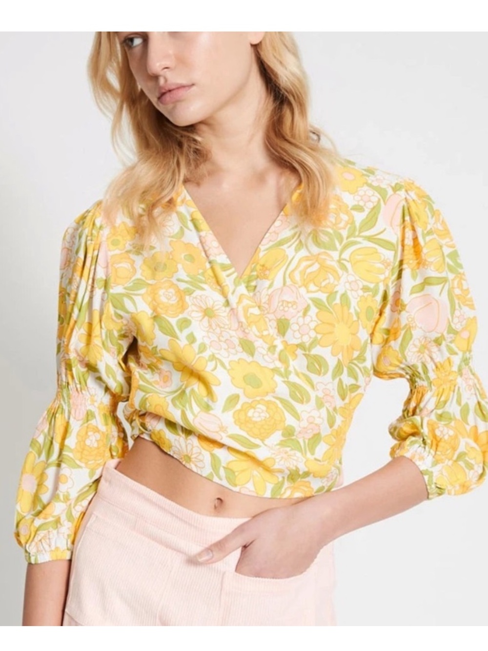 FAITHFULL THE BRAND Yellow Bisset Wrap Top in Jolene Floral Print Size 6